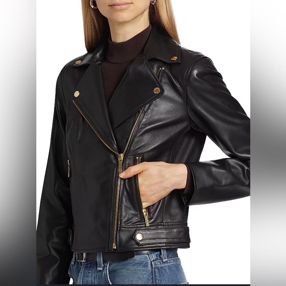 Michael Kors Black RealLeather Jacket with Gold Accents